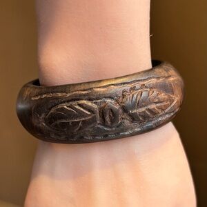 Vintage Hand-Carved Dark Wood Leaf Cuff Bangle